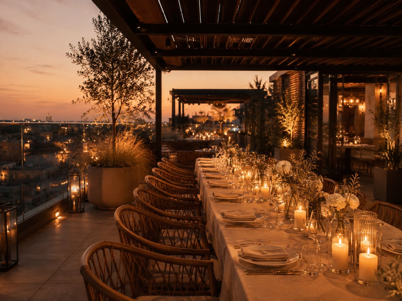 Festlich gedeckte Tafel im Kerzenlicht auf der Dachterrasse bei Sonnenuntergang