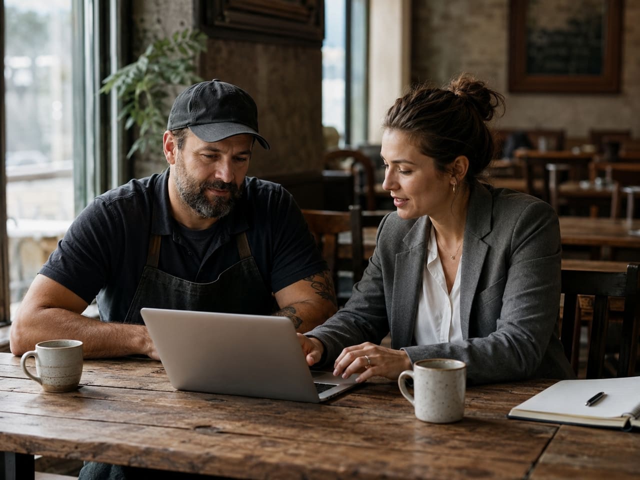 Gastronom und Tischwerk-Begleitung richten das System gemeinsam am Laptop ein