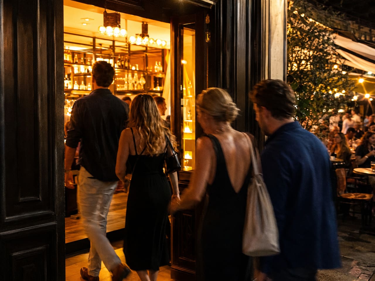 Gäste am Eingang eines gut besuchten Restaurants neben der Bar