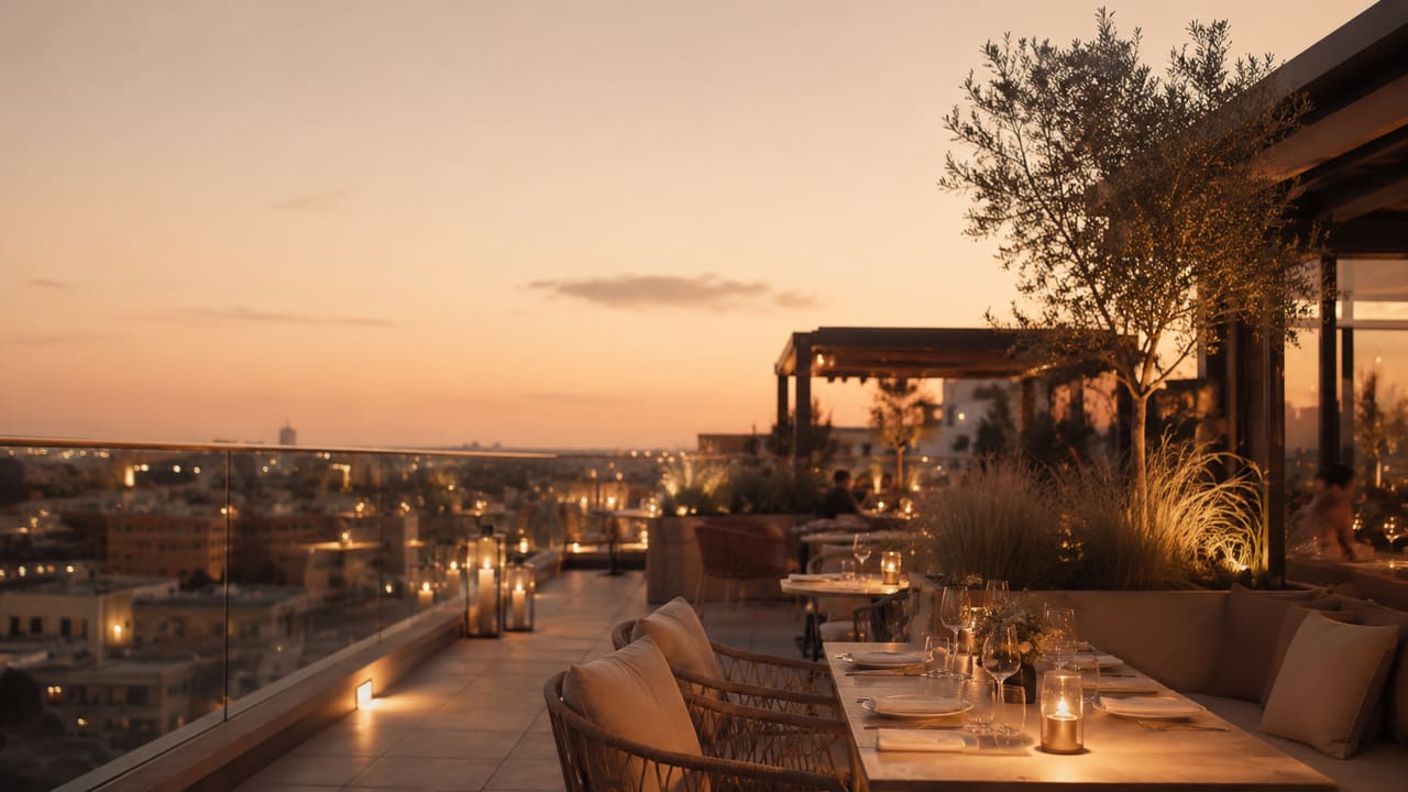 Rooftop-Restaurant zur blauen Stunde: gedeckte Tische, Kerzen, Gäste in Bewegung