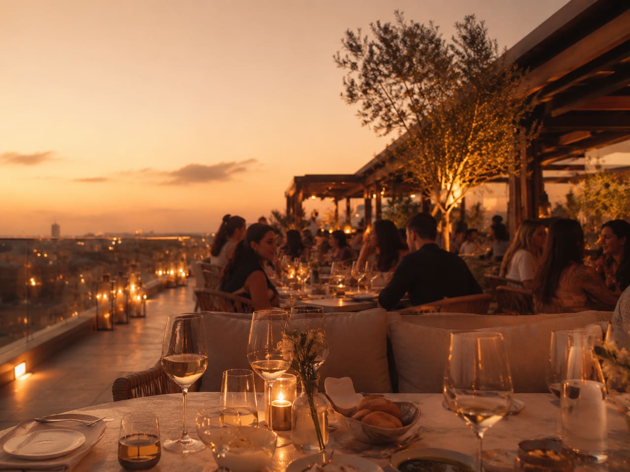 Gäste an gedeckten Tischen auf einer Restaurantterrasse am Abend